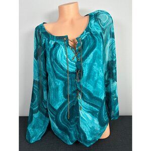 Michael‎ Michael Kors Medium Womens Top Blouse Blue Long Sleeve Tie Peasant Boho